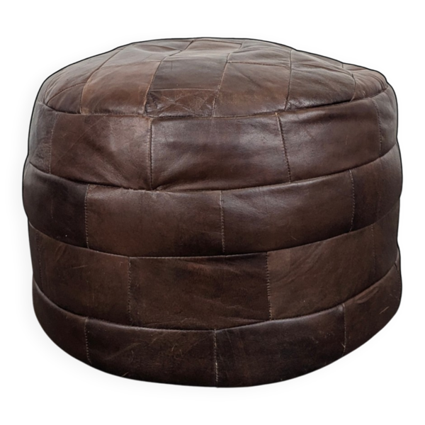 Pouf en patchwork de cuir marron années 70