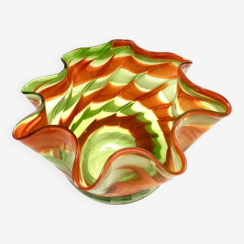 Vase Fazzoletto postmoderne en verre de Murano vert et orange par Fratelli Toso, Italie