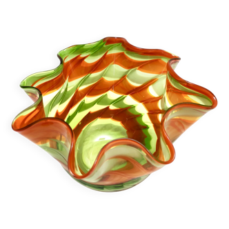 Postmodern Green and Orange Murano Glass Fazzoletto Vase by Fratelli Toso, Italy