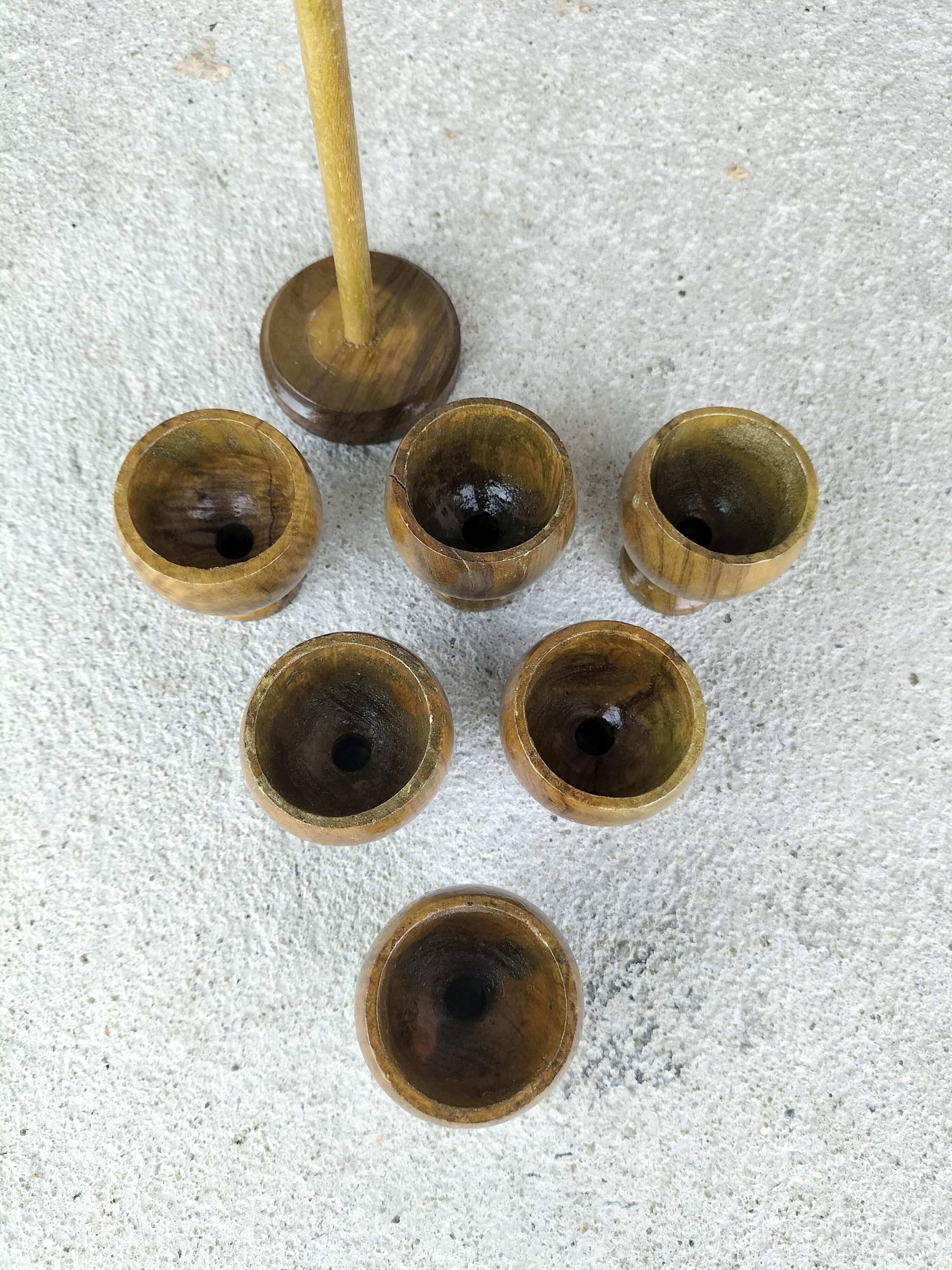 Set of six olive wood egg cups