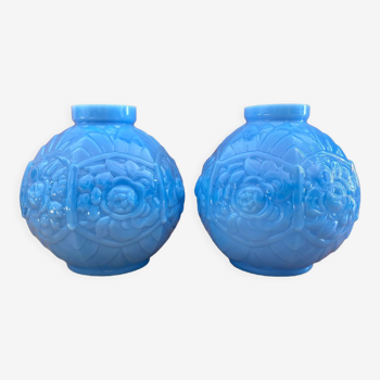 Pair of art deco ball vases in turquoise blue opaline