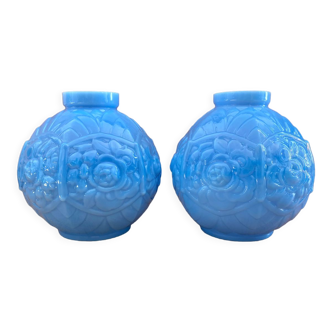 Pair of art deco ball vases in turquoise blue opaline