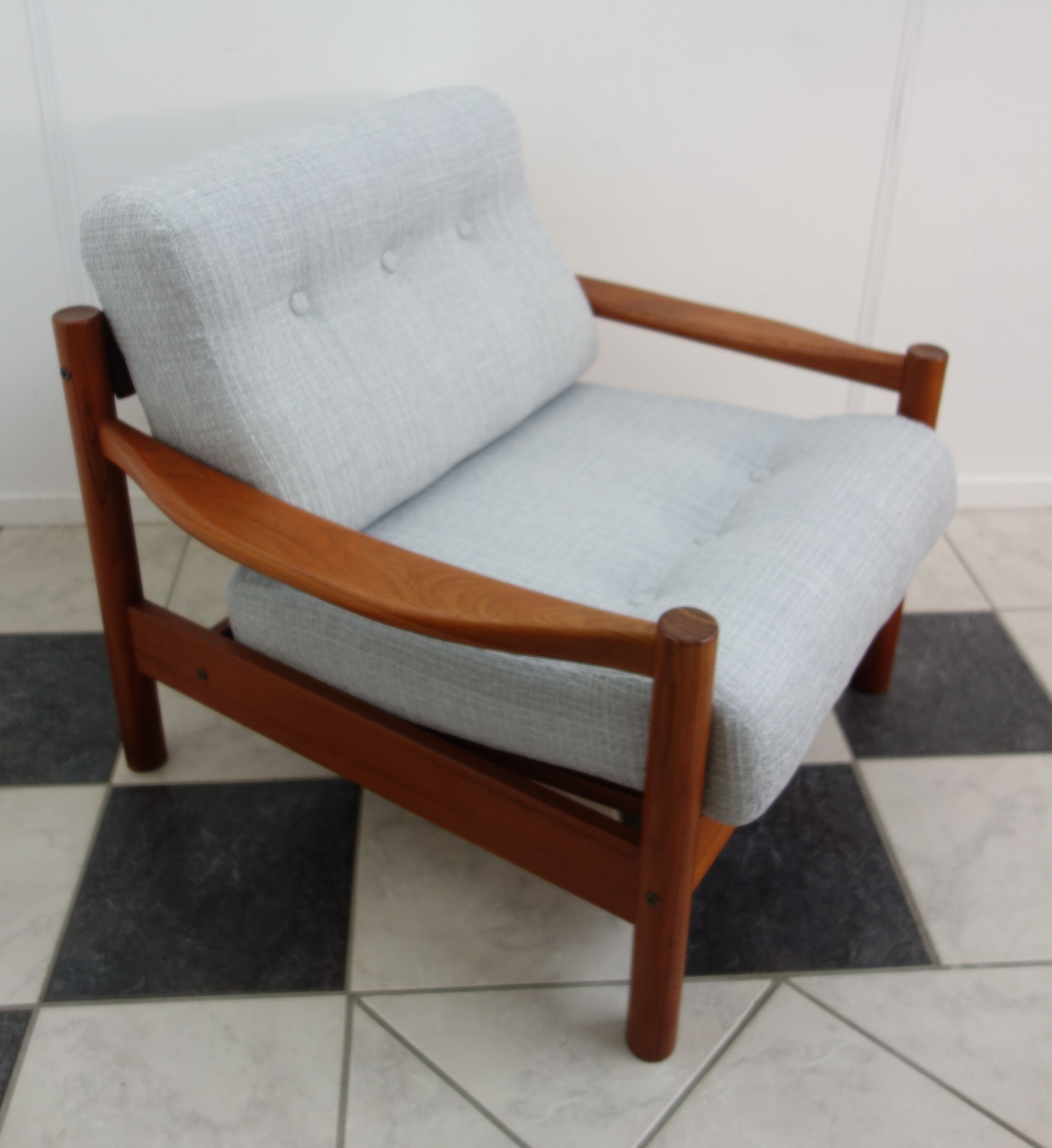 Teak danish chair with light grey upholstery