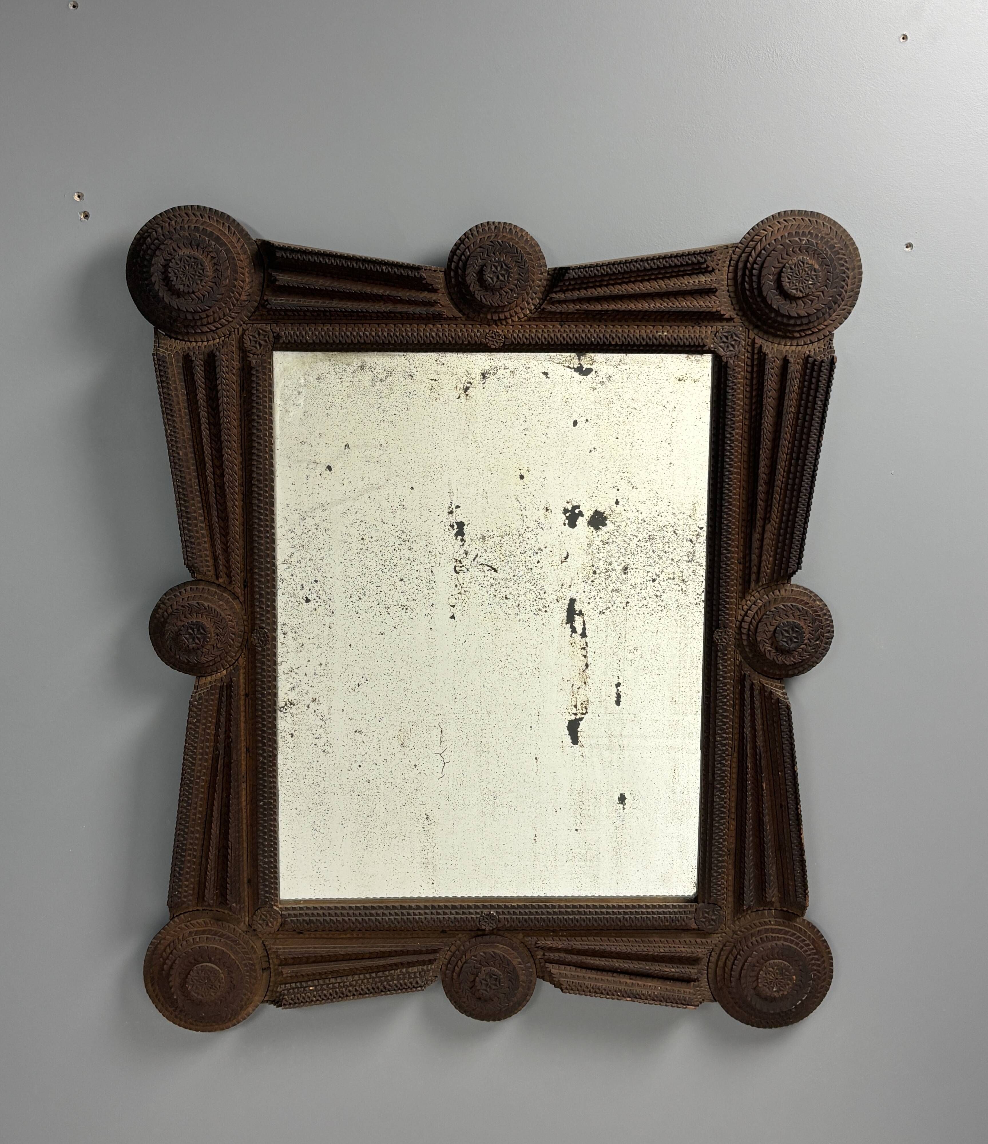 Antique tramp art folk art distressed mirror, Austria ca 1900s