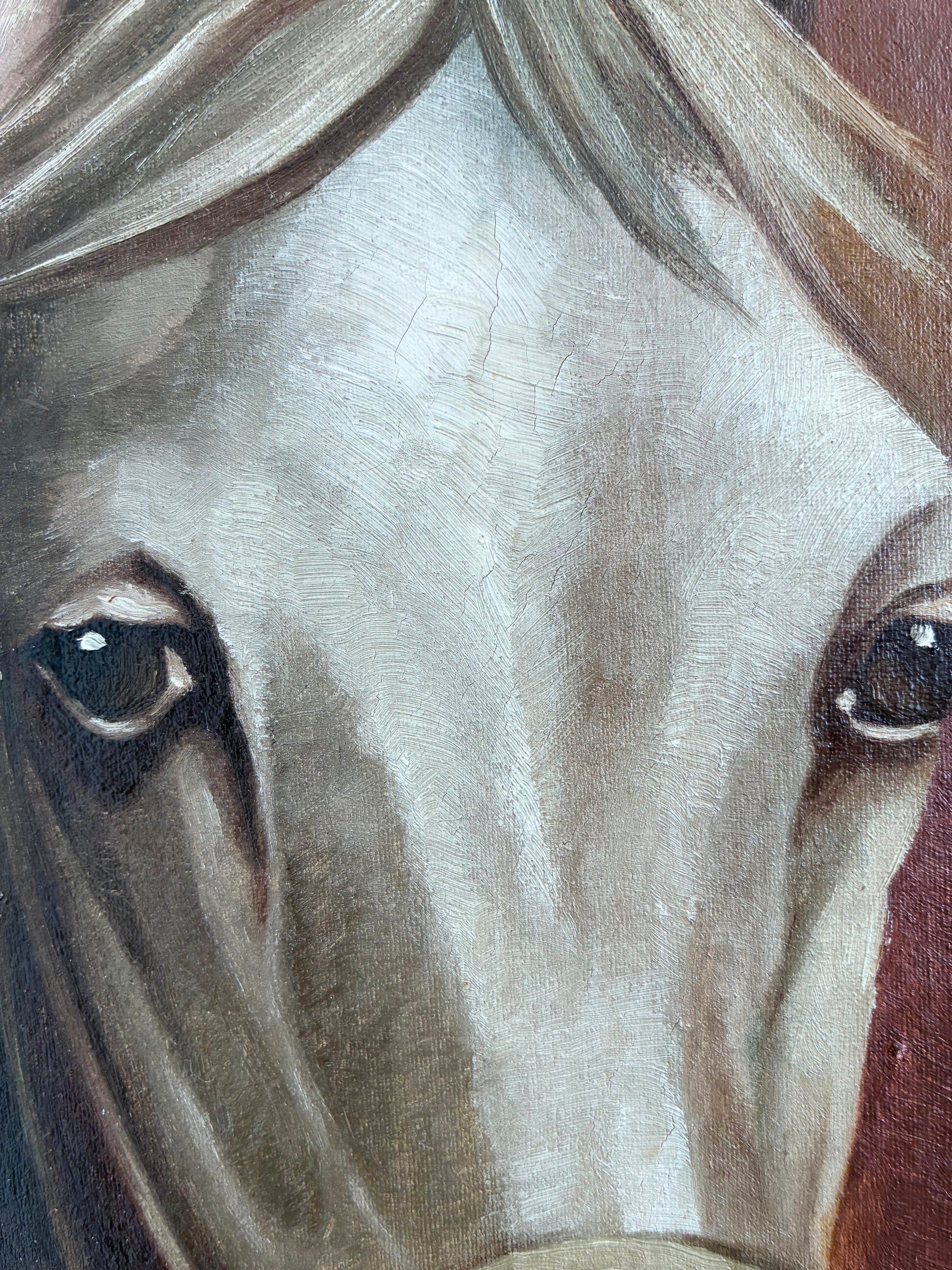 Peinture à l'huile vintage originale de cheval blanc, portrait équestre signé.