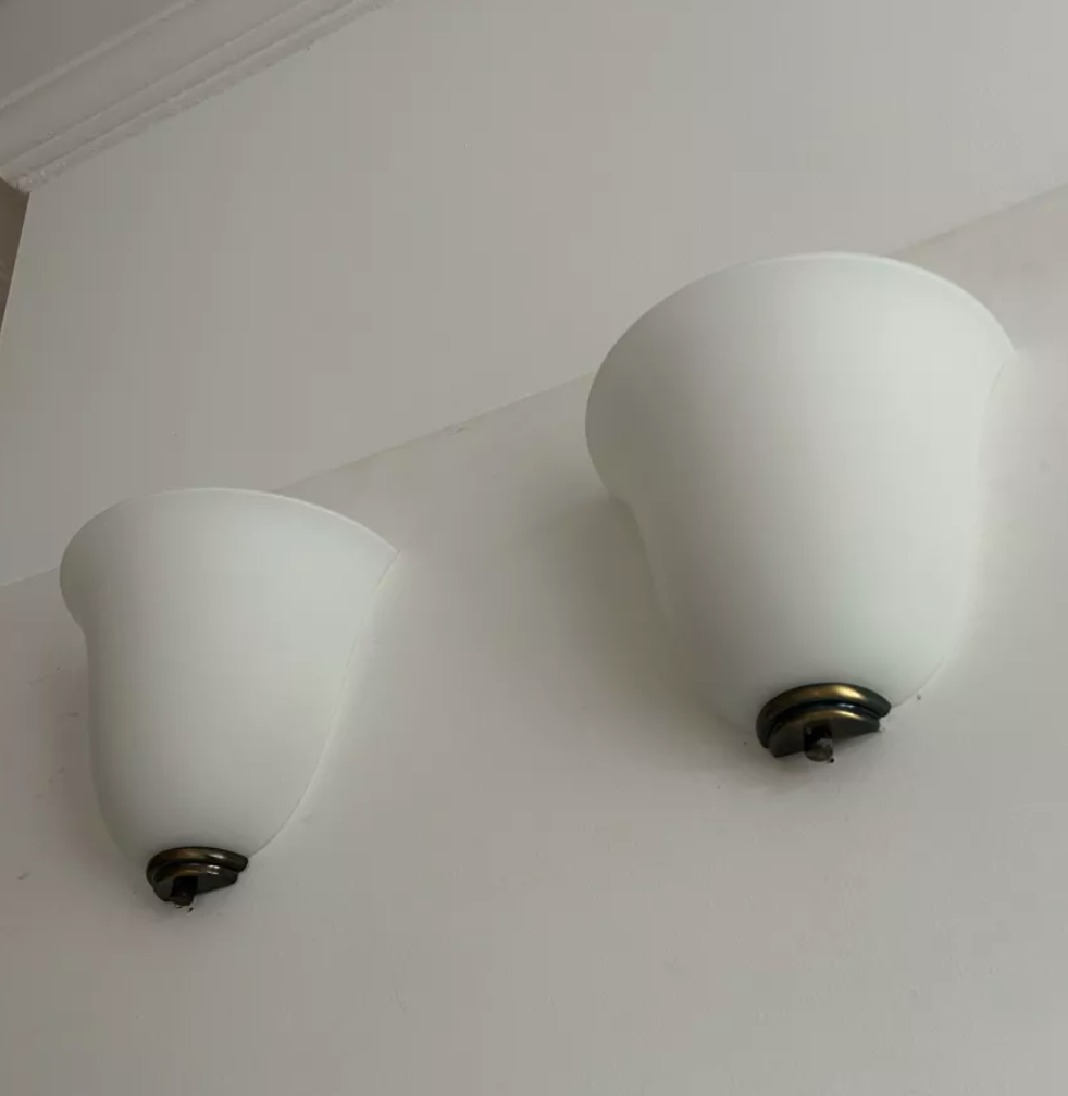 Vintage Vianne glass wall lamps, opaline and brass, Domec France 1970