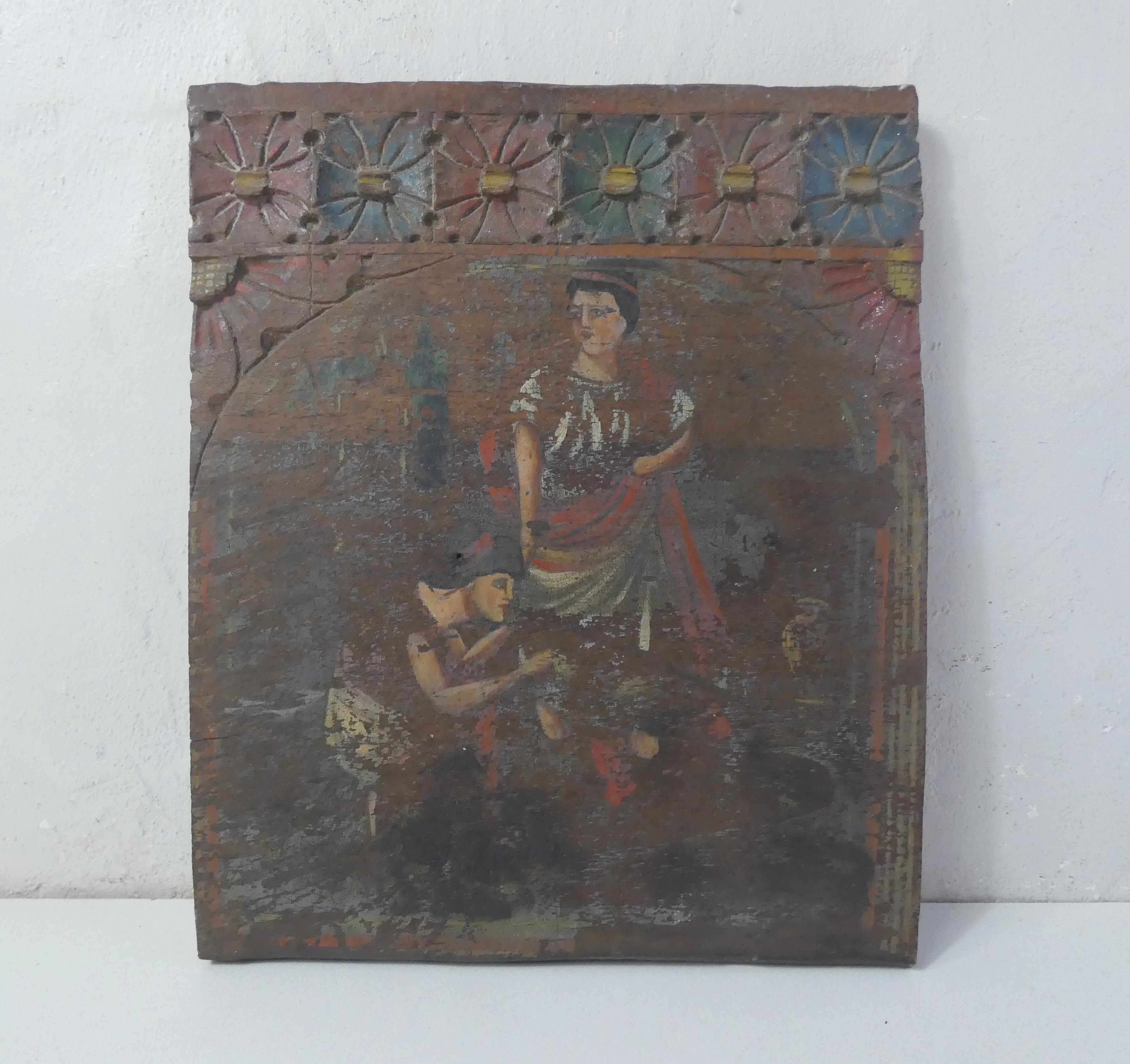 Painting on carved wood panel