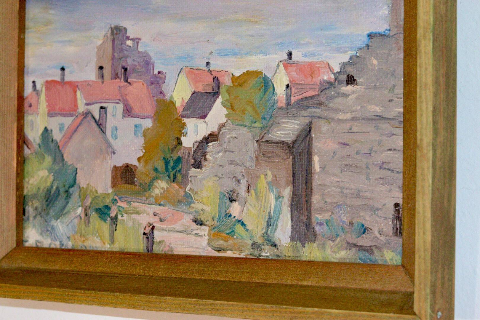 Huile sur panneau suédoise originale du milieu du siècle « Visby City » par ER.OLSSON