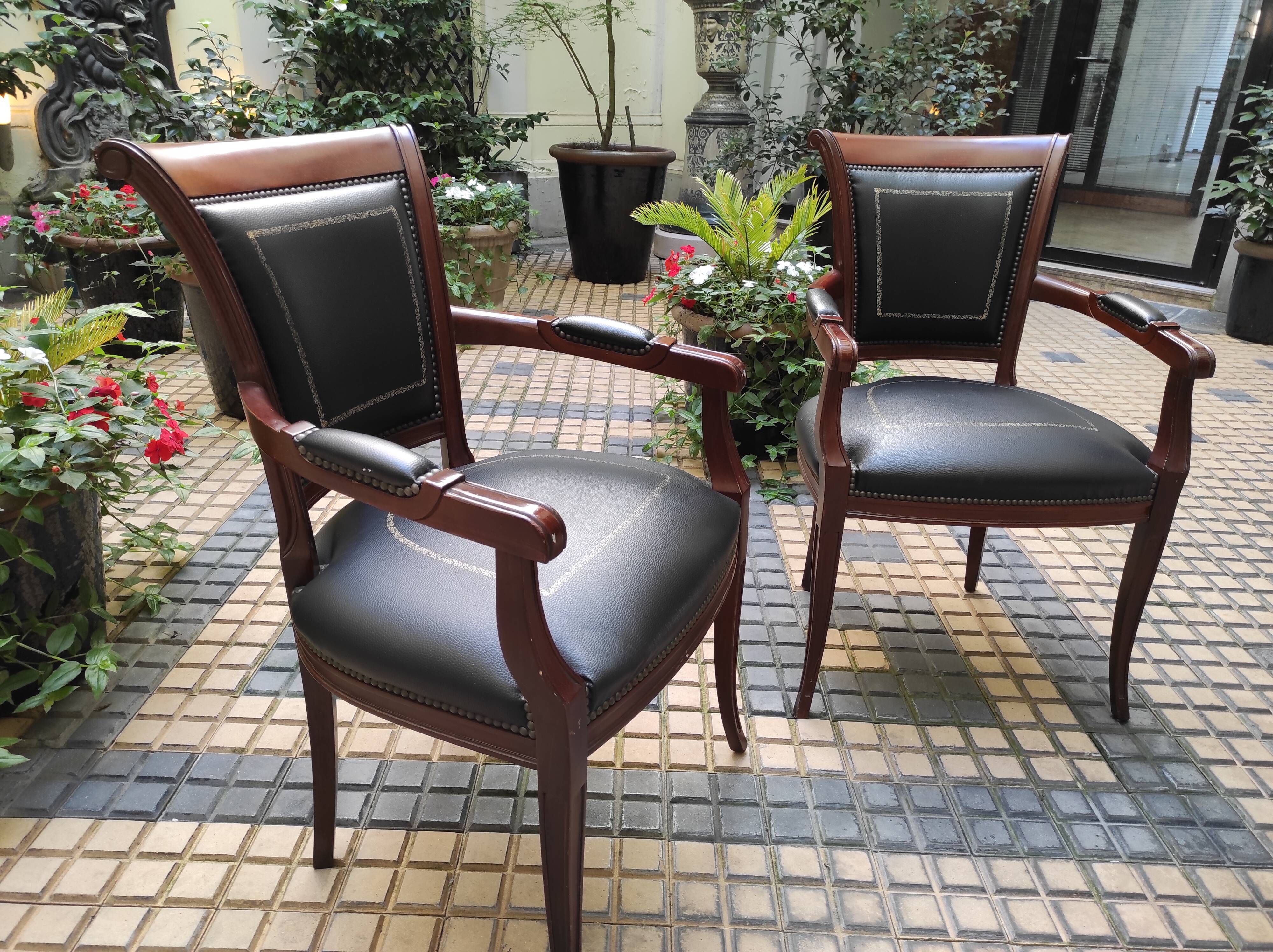 Genoveva armchairs directoire style black leather border gold