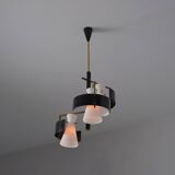 1950s Italian Brass & Black-Lacquered Chandelier with Opaline Glass Shades