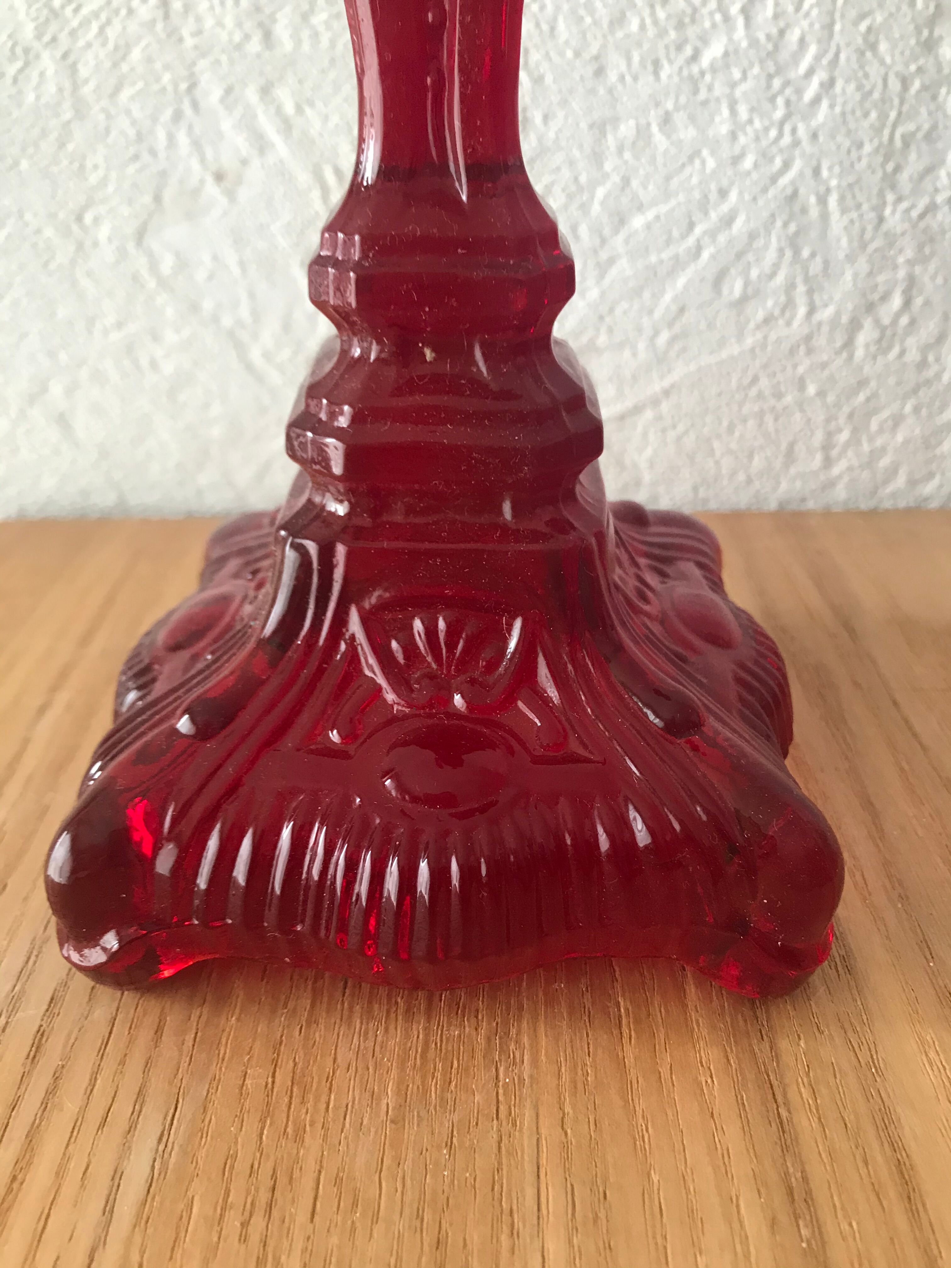 Red molded glass candlestick