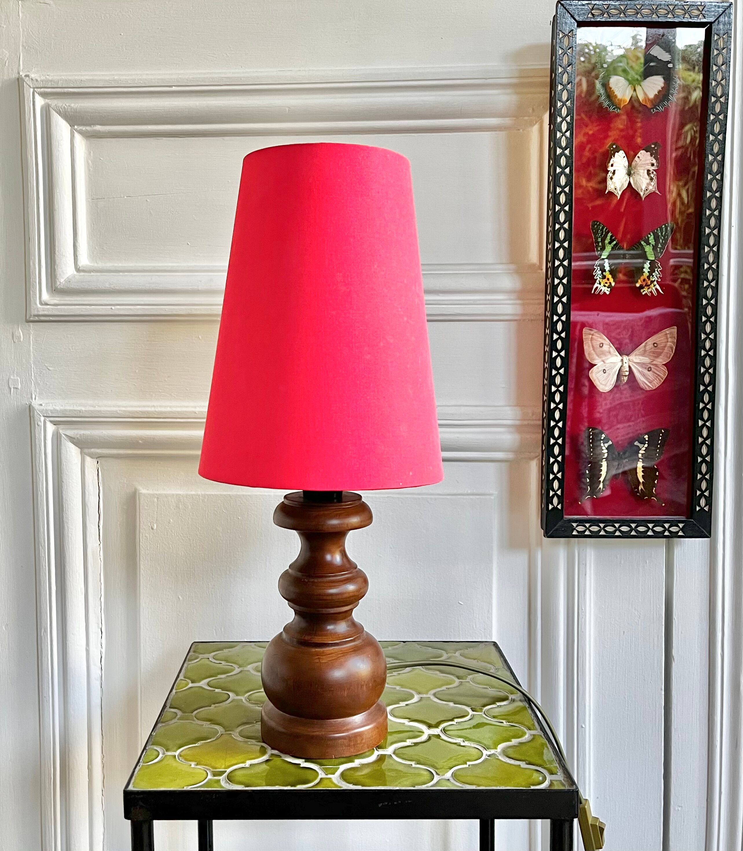 Turned wood lamp with vintage cone shade