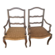 Paire de fauteuils anciens en bois avec assise tressée + coussins