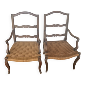 Paire de fauteuils anciens en bois avec assise tressée + coussins