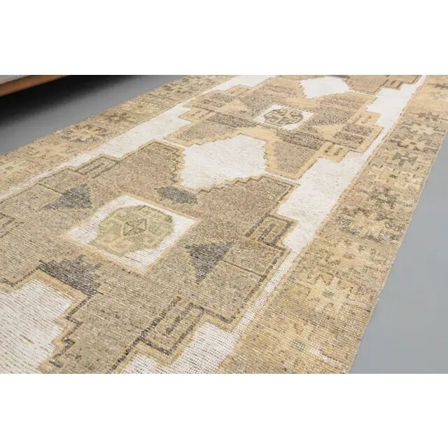 1970s Turkish Hand-Knotted Wool Cotton White Runner Rug 120X314