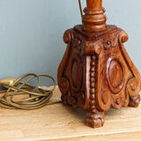 Carved wooden lamp, fiber shade