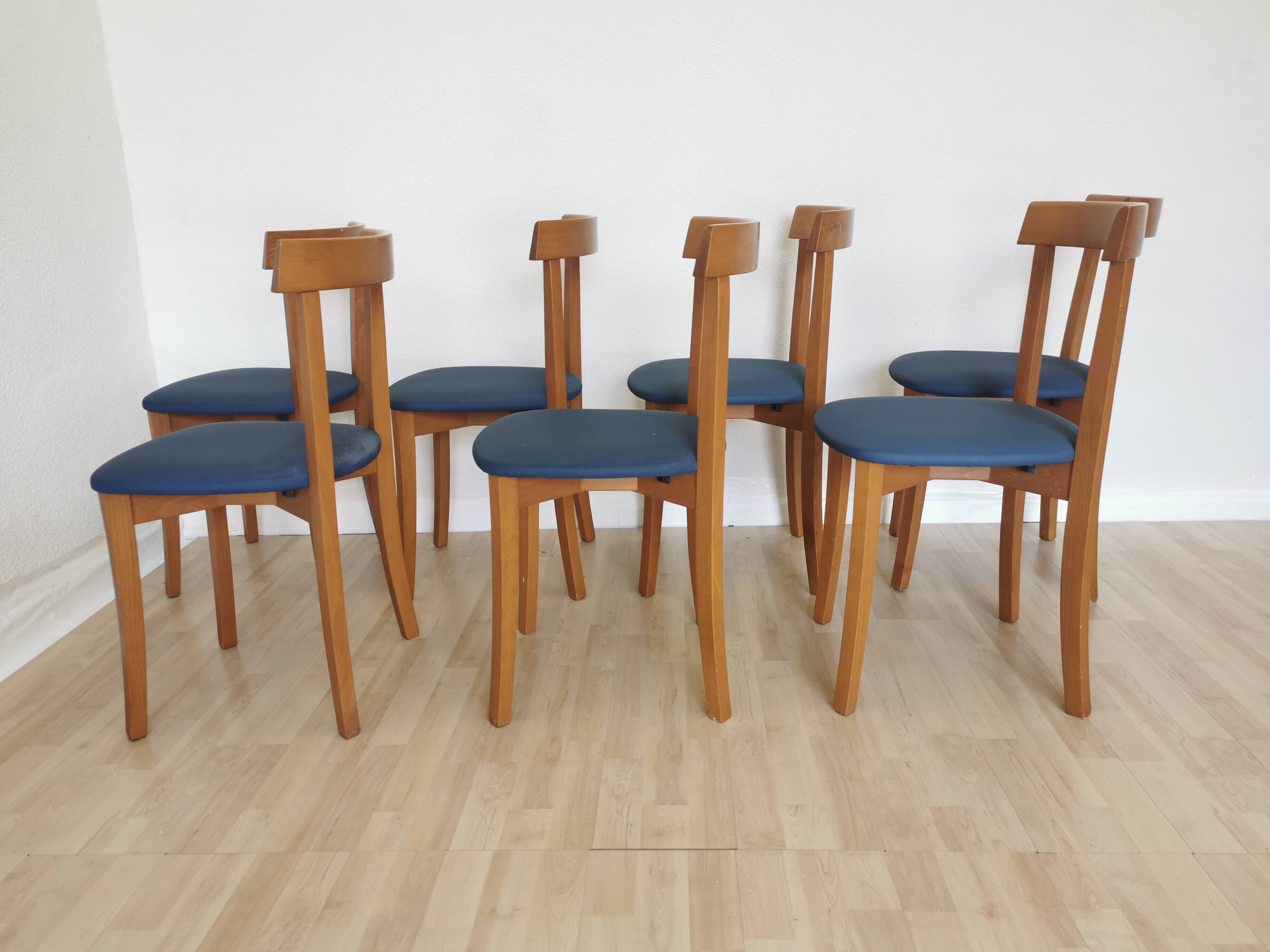 Set of 7 Vintage Calligaris Dining Chair: 1990s Italian Wooden Artek Style