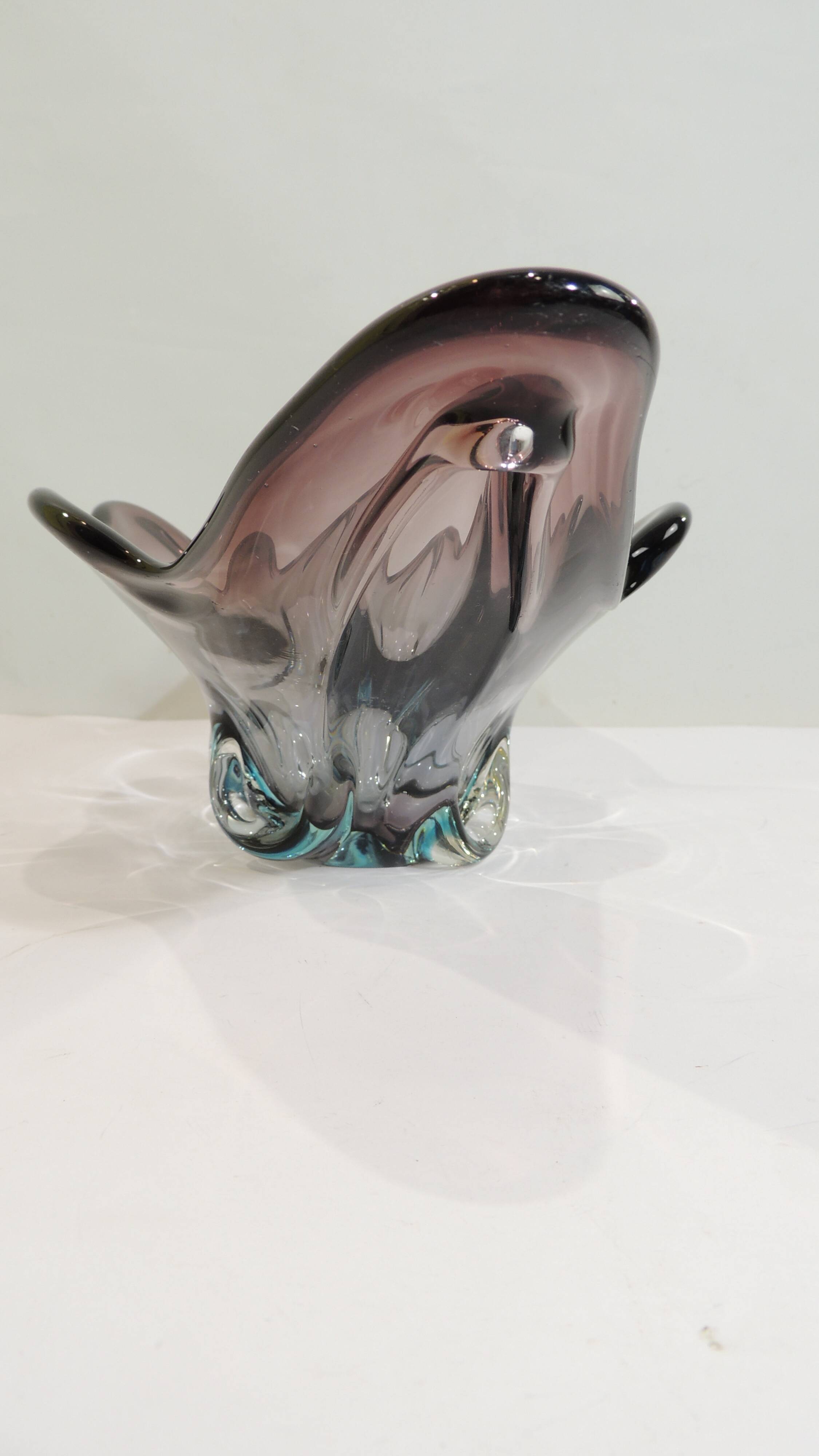 Murano style blown glass fruit bowl in purple with blue highlights - this