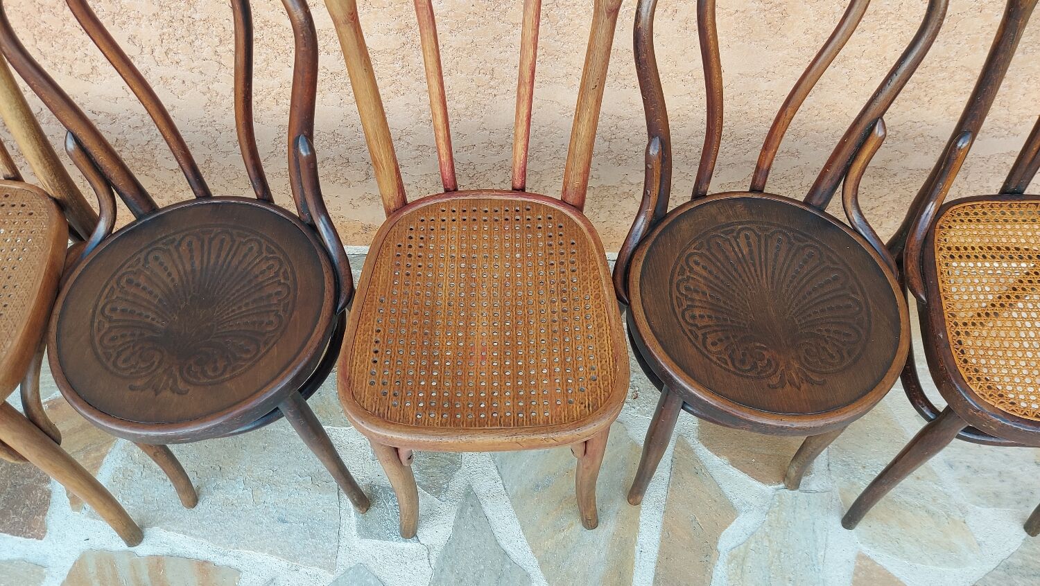 Suite of 6 mismatched bistro chairs Thonet and J&J kohn 1920