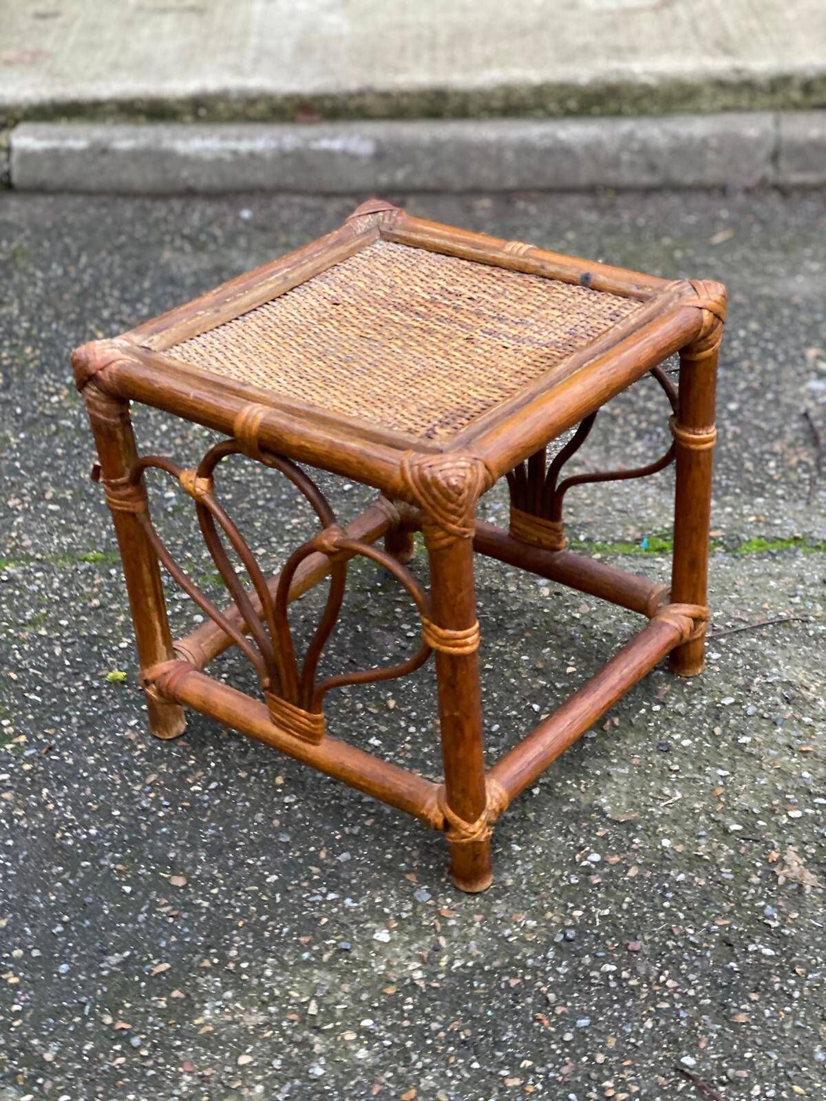Vintage square stool in bamboo, rattan, and wicker.