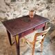 Antique French pine writing table, hand-painted folk art with drawer, signed 1916