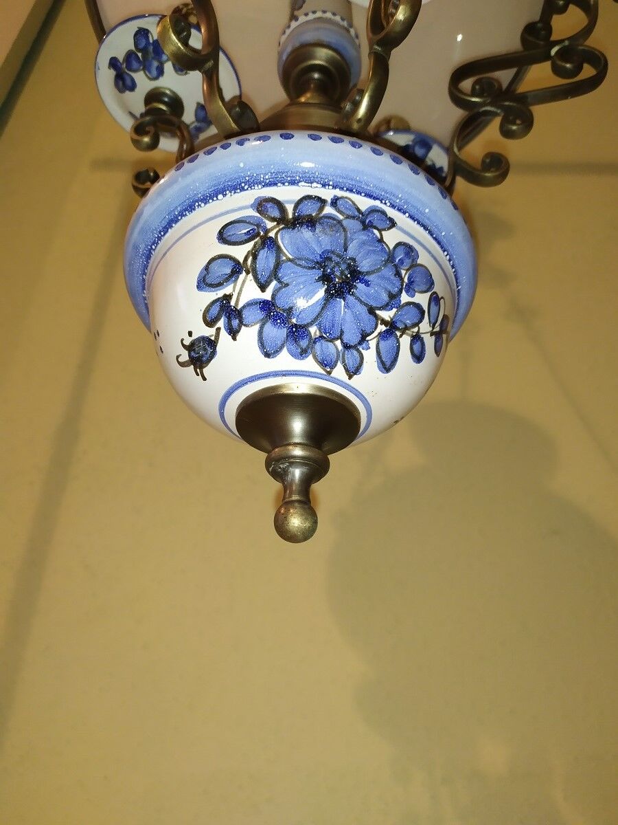 Opaline white porcelain blue 3 branch hanging lamp