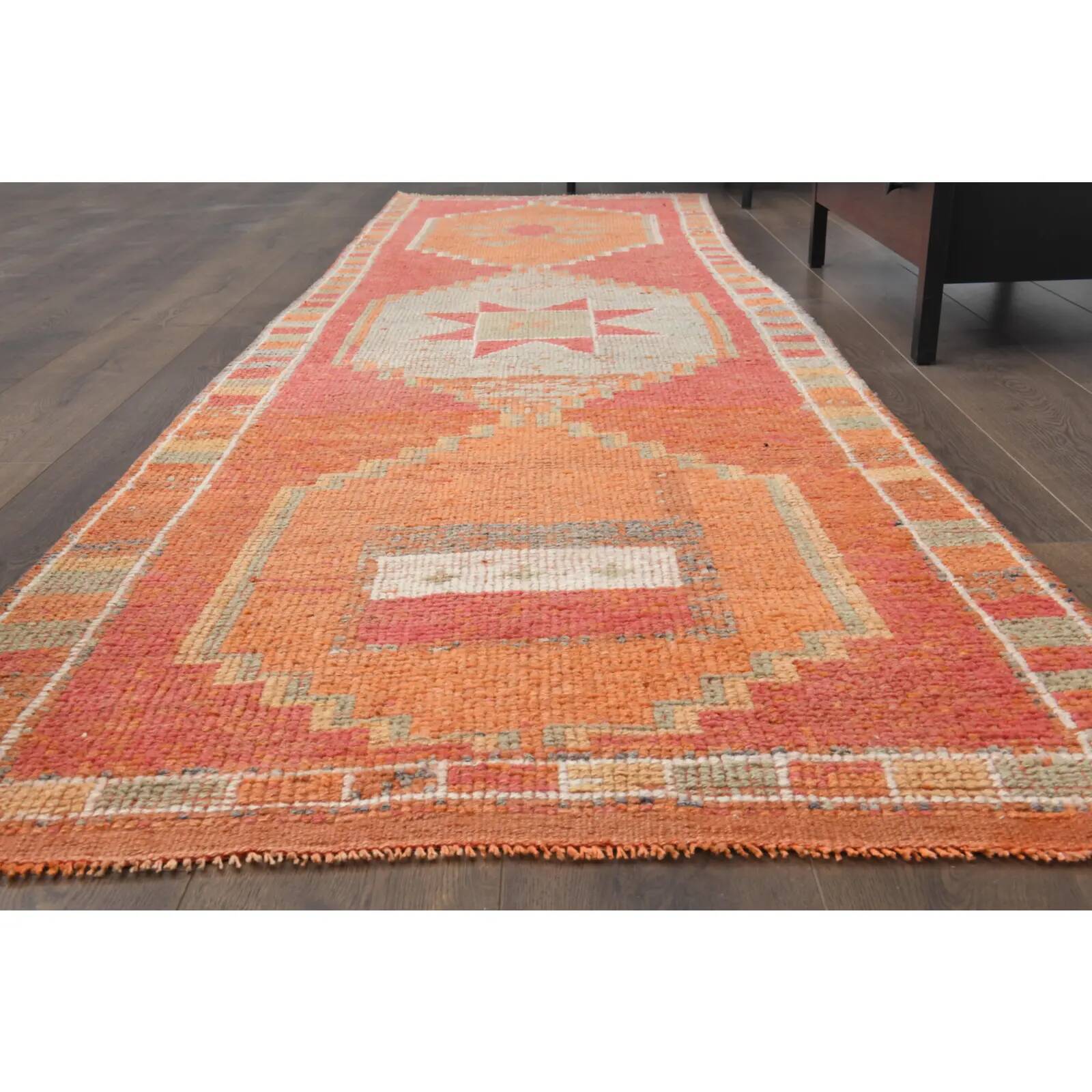 Vintage Turkish hand-knotted wool cotton orange runner rug 96x339
