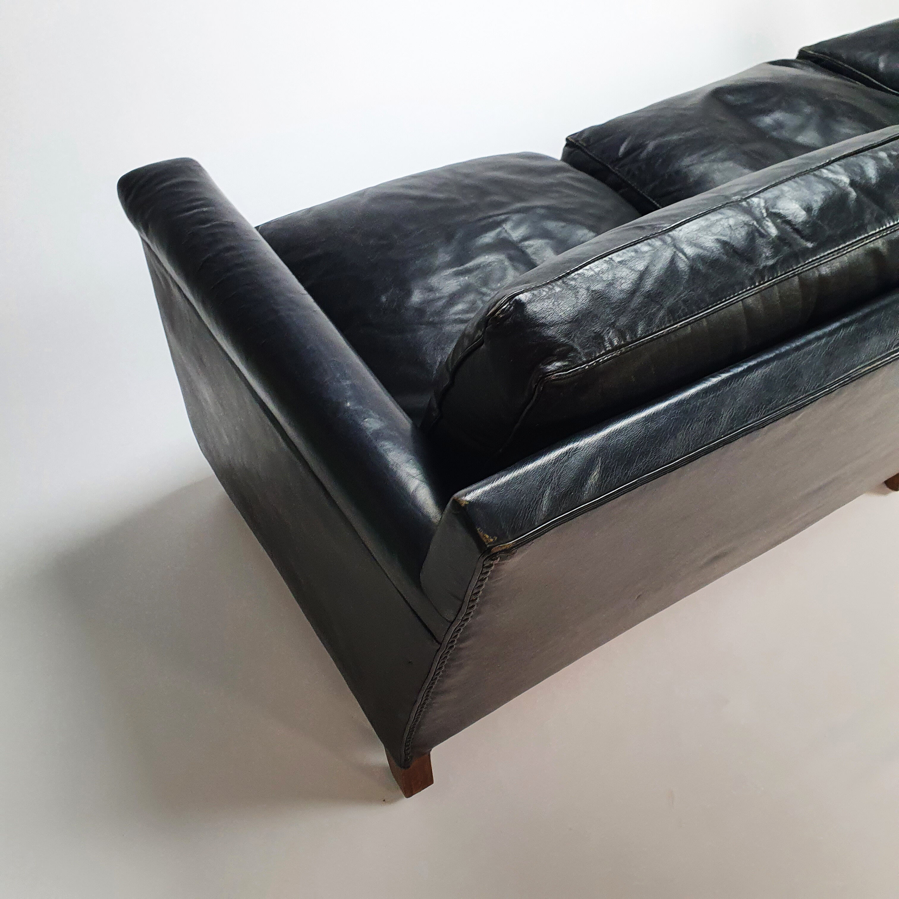 Mid century black leather scandinavian 3 seats sofa, 1950