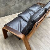 Scandinavian wooden and leather sofa, 1970s