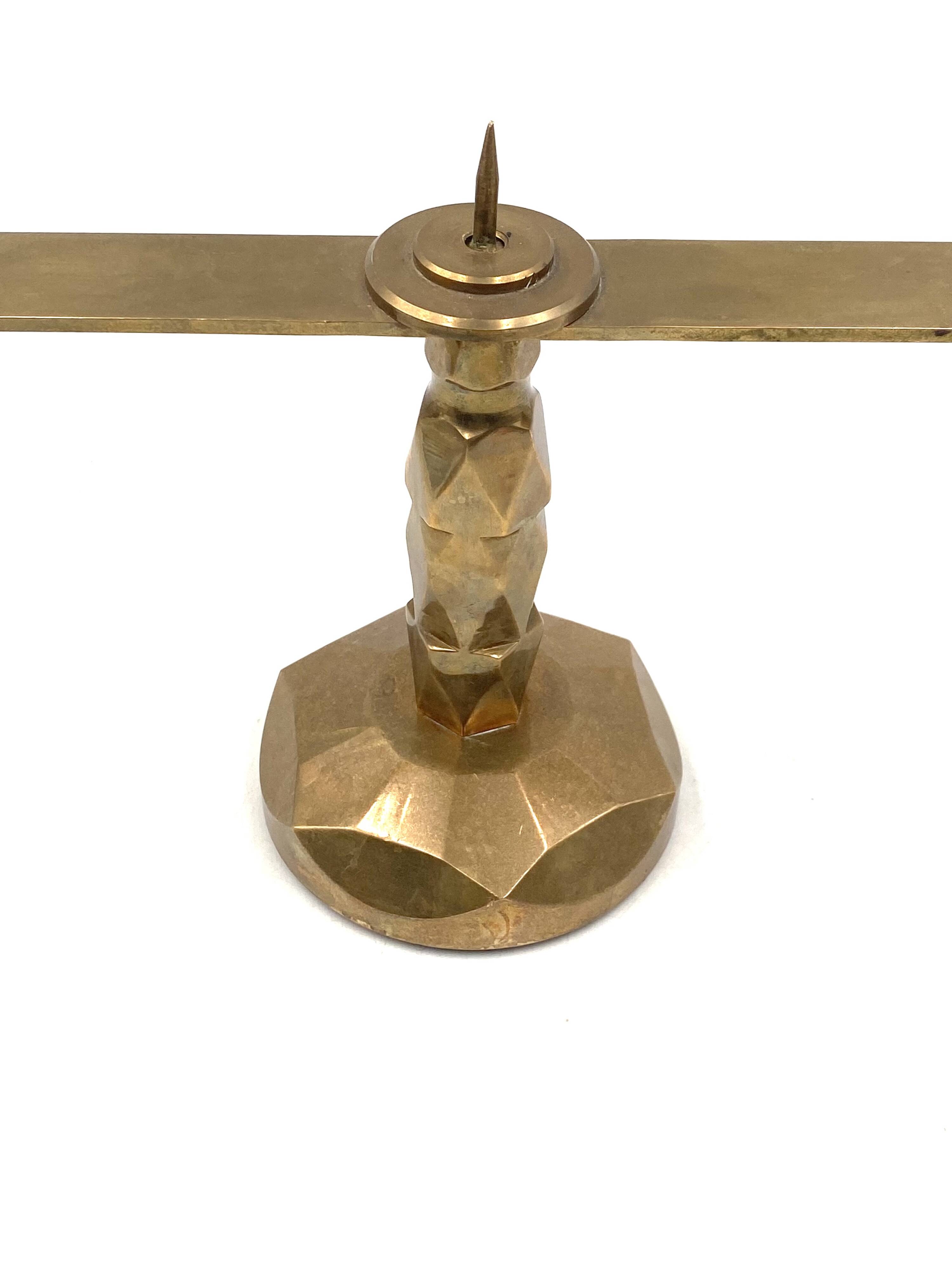Brutalist brass pair of candle holders, France 1970