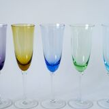Set of 5 multicolored colored glass flutes 1970