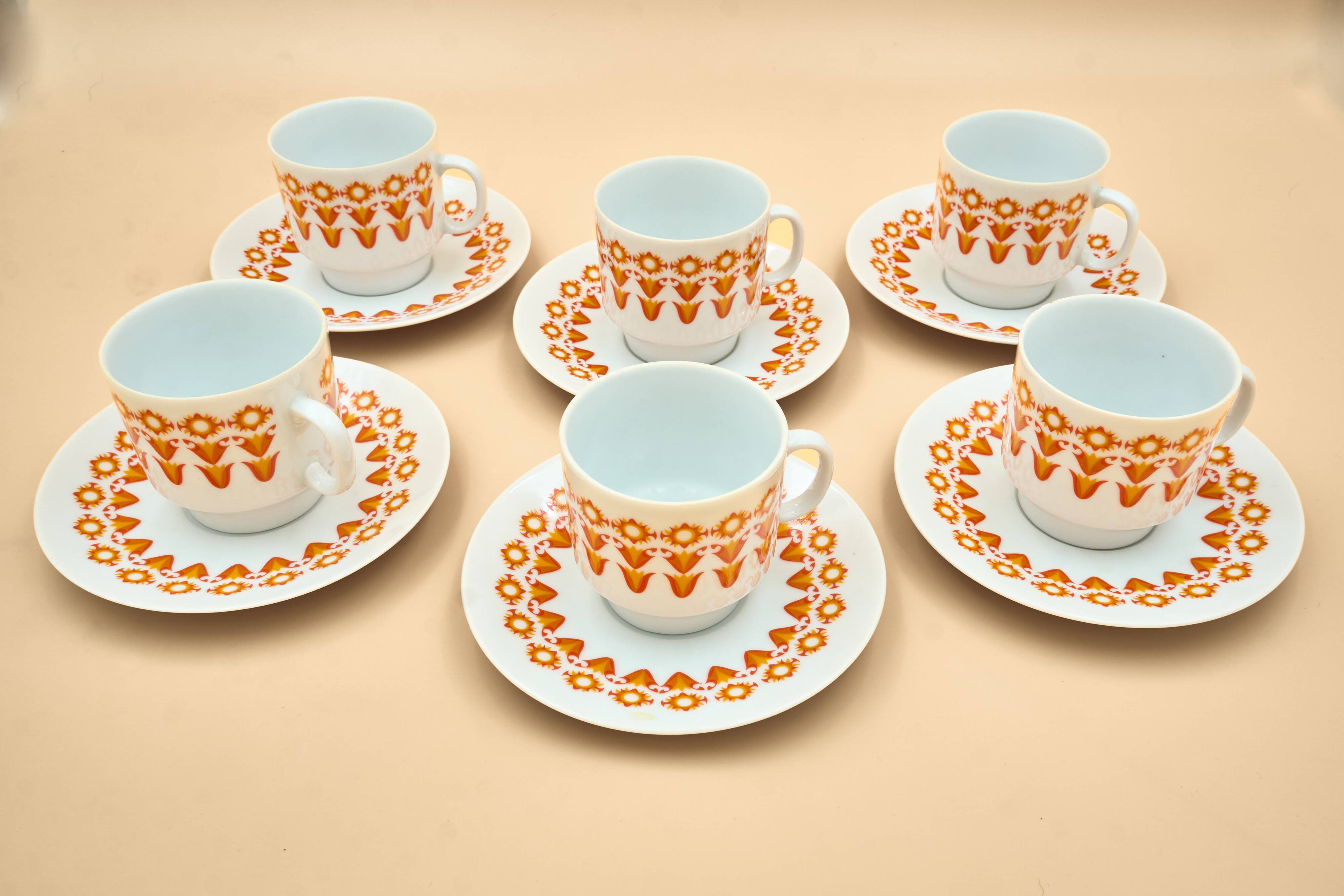 6 Midcentury Porcelain Coffee Cups & Saucers, EPIAG, Czechoslovakia