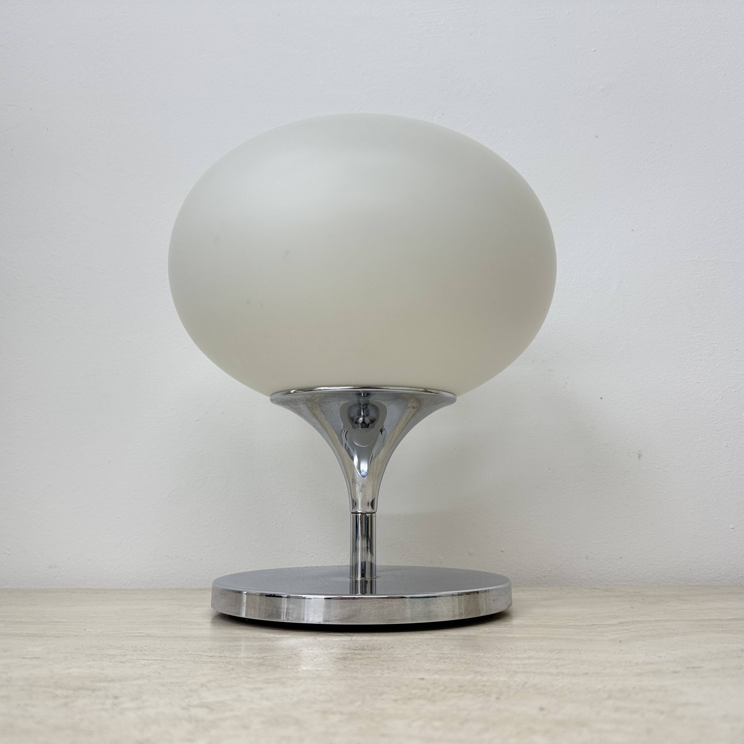 Opaline glass chromed steel & cast iron Space Age lamp by Kaiser Leuchten,