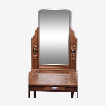 Art deco beveled mercury glass fireplace mirror with oak base