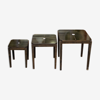 Set of three coffee tables in wood and plexiglas Italy 80s