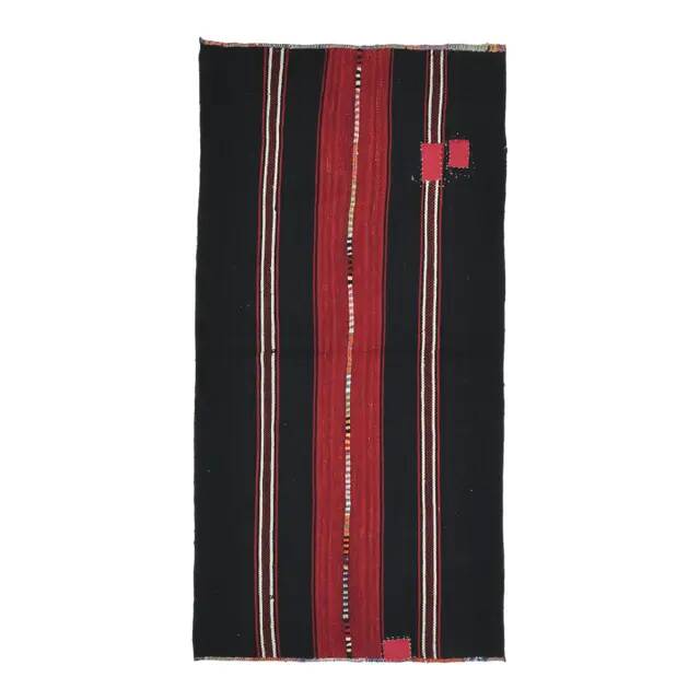 1970s Turkish Hand-Knotted Wool Cotton Black Kilim Runner Rug 118x238