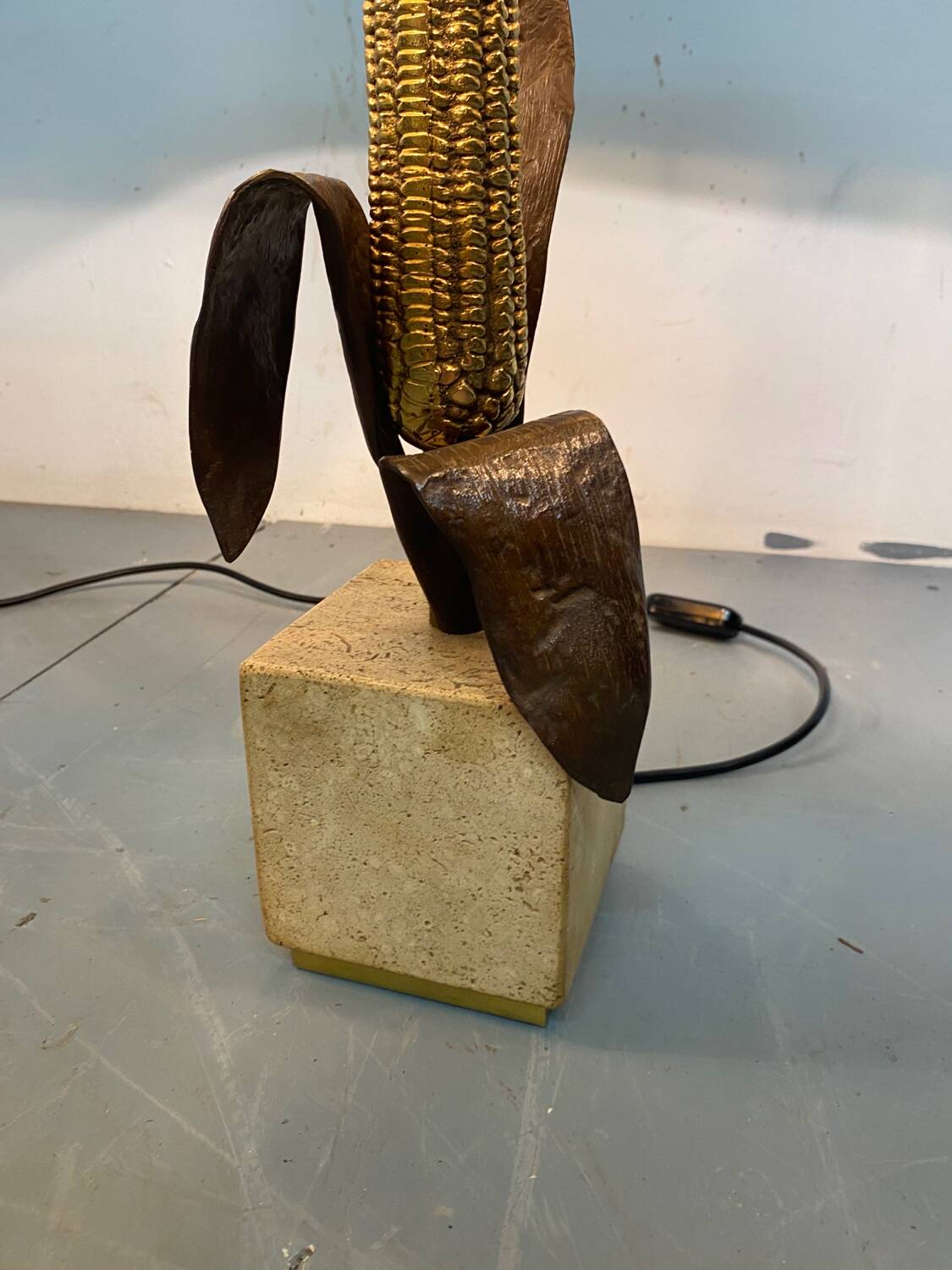 Vintage Bronze, Brass and Travertin Table Lamps in the manner of Maison Charles, 1970s, Set of 2