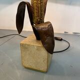 Vintage Bronze, Brass and Travertin Table Lamps in the manner of Maison Charles, 1970s, Set of 2