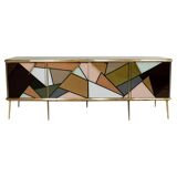 Mid-Century Modern Style Solid Wood Colored Glass and Brass Italian Sideboard