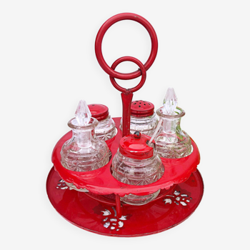 Serviteur à condiments de table plateau tournant métal rouge 6 pièces vintage