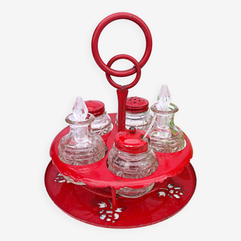Table condiment server red metal turntable 6 vintage pieces