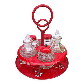 Table condiment server red metal turntable 6 vintage pieces