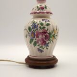 Pretty French vintage hand-painted ceramic floral lamp base on wooden plinth.