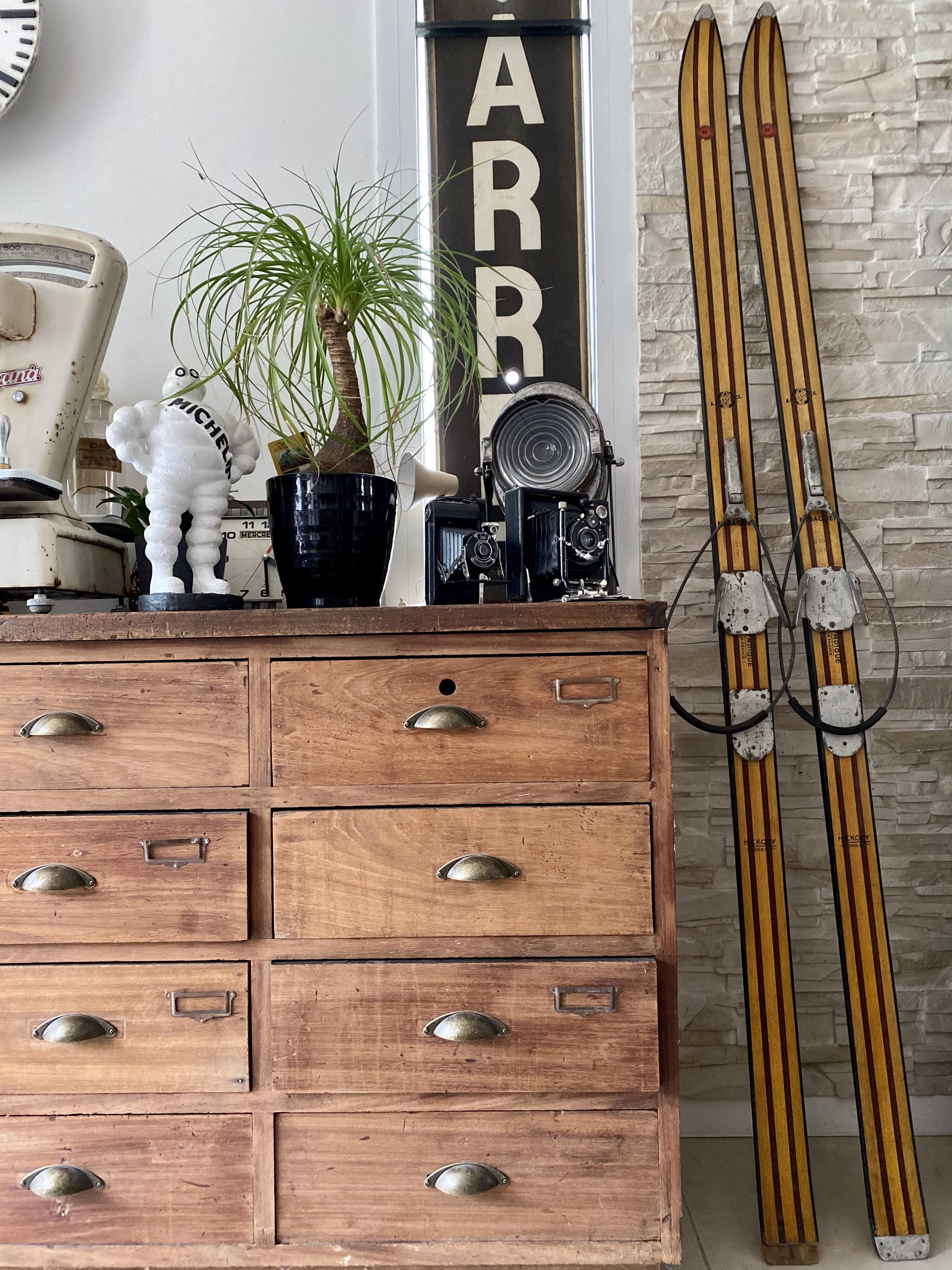 Vintage wooden Rossignol Hickory ski pair