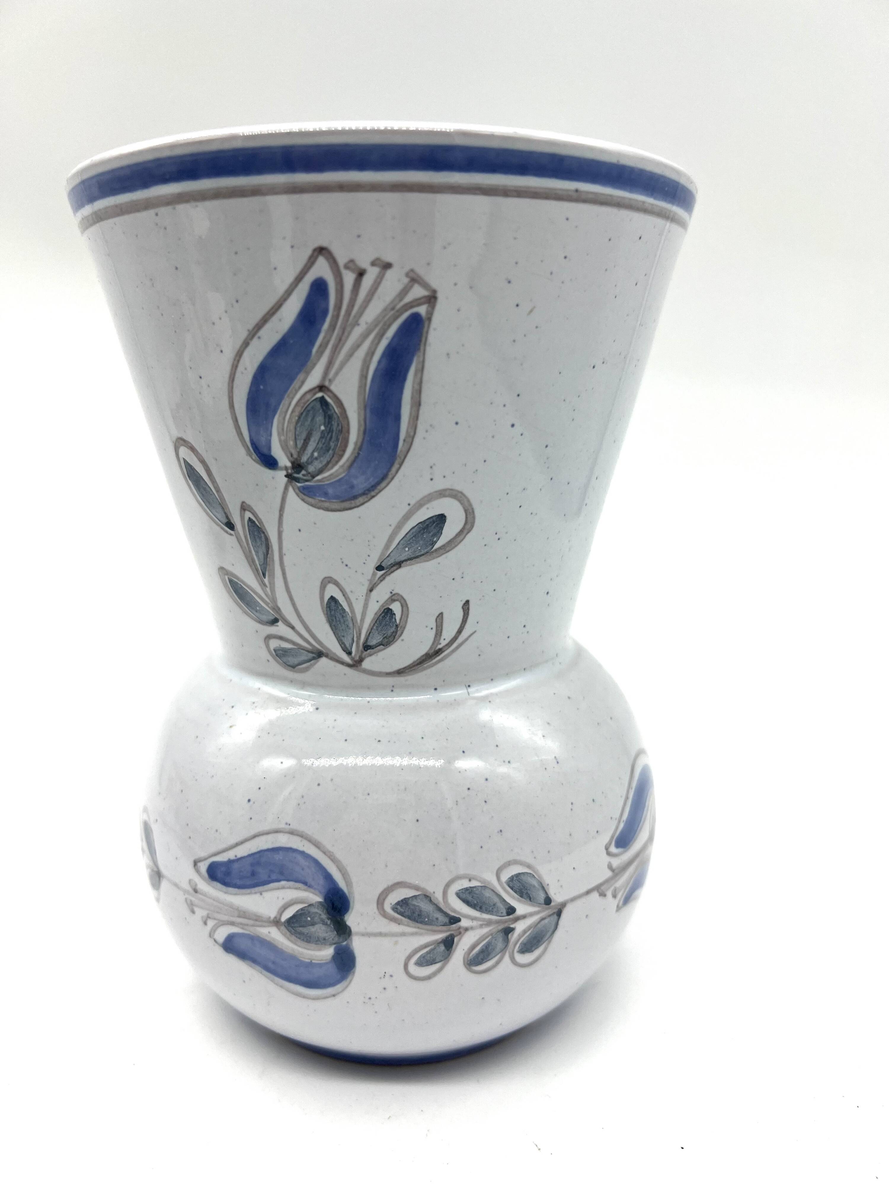 Blue glazed earthenware vase – stylized floral decoration – signed on the base