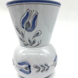 Blue glazed earthenware vase – stylized floral decoration – signed on the base