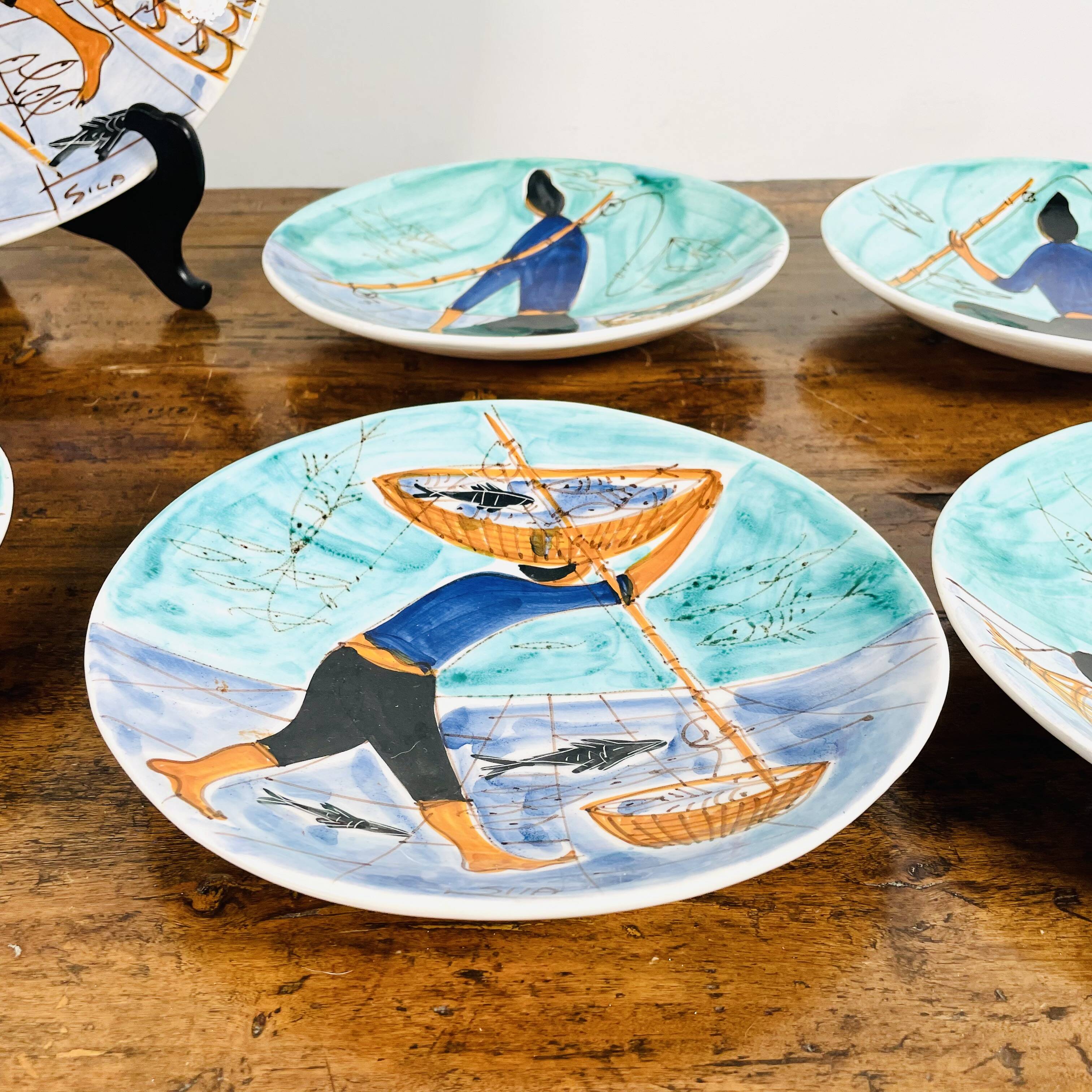 Magnificent set of 5 plates and 1 dish by Cesare Sartori for Sica.