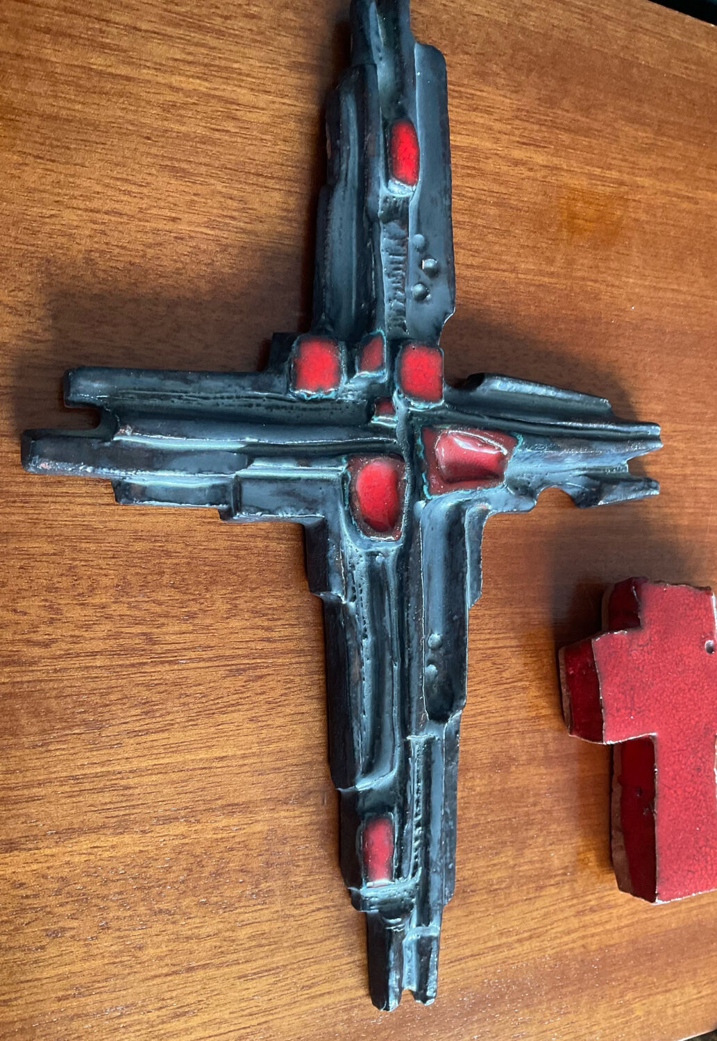Vintage pair of glazed terracotta crosses