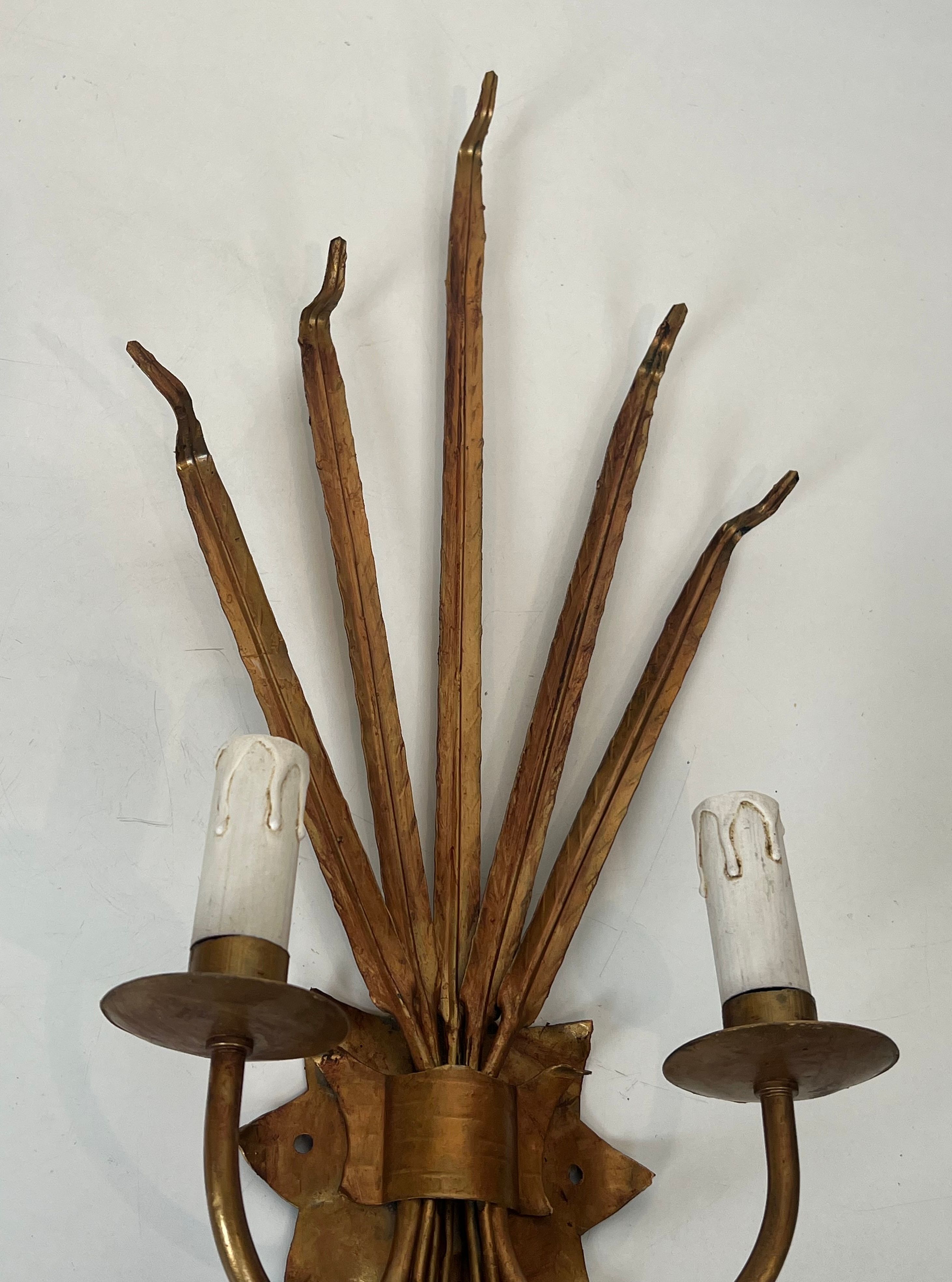 Pair of gold wall sconces with wheat ears in the style of Coco Chanel