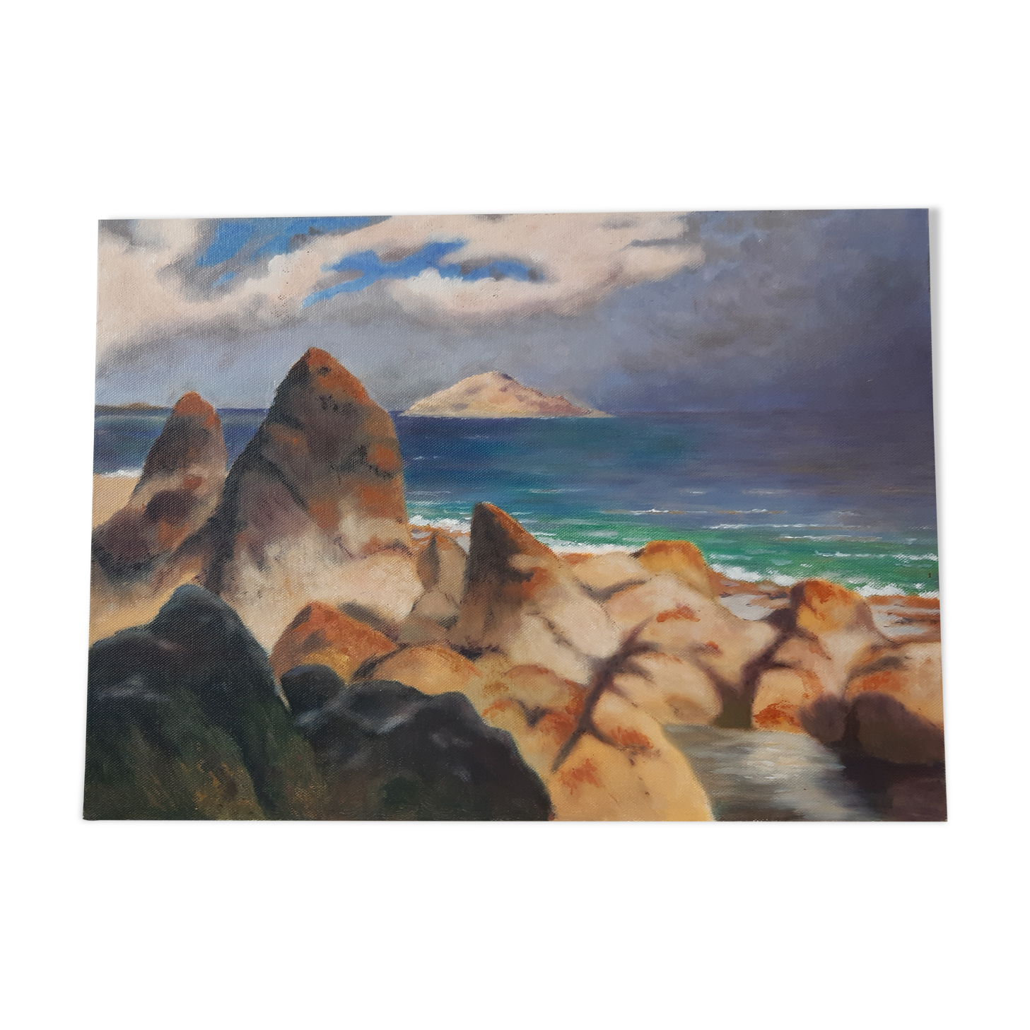 Painting / oil on cardboard Pleneuf in vintage Brittany